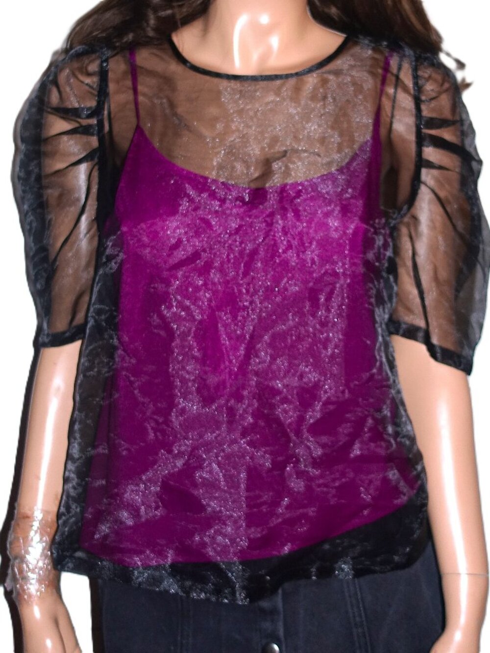 DKNY Black Sheer Fuchsia Underlay Tank Top Blouse 8